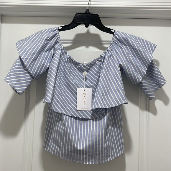 Wayf Striped Top NWT Size XS Light Blue Off Shoulder - Picture 1 of 7